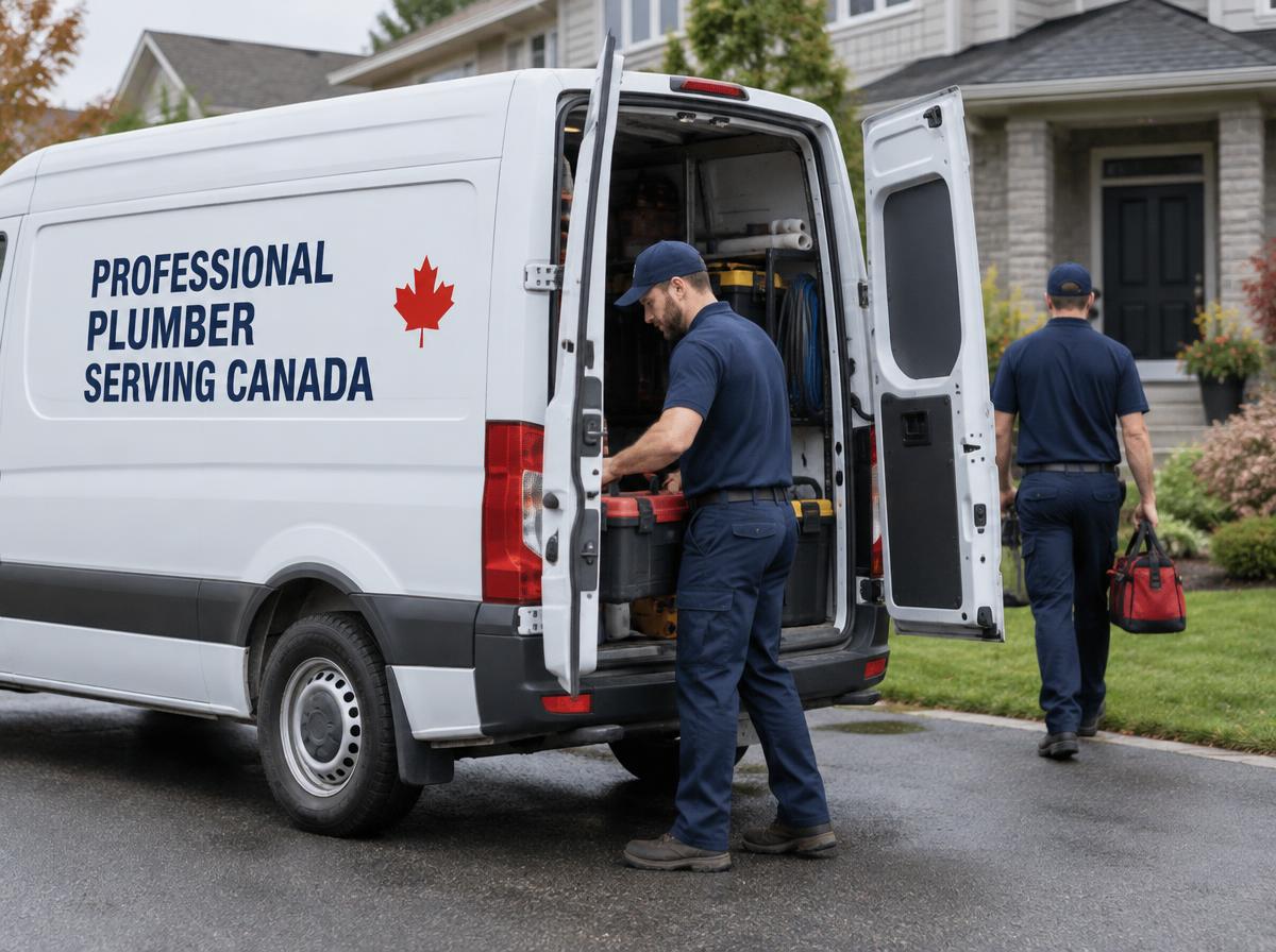 Professional plumbing service van and technicians at a residential home
